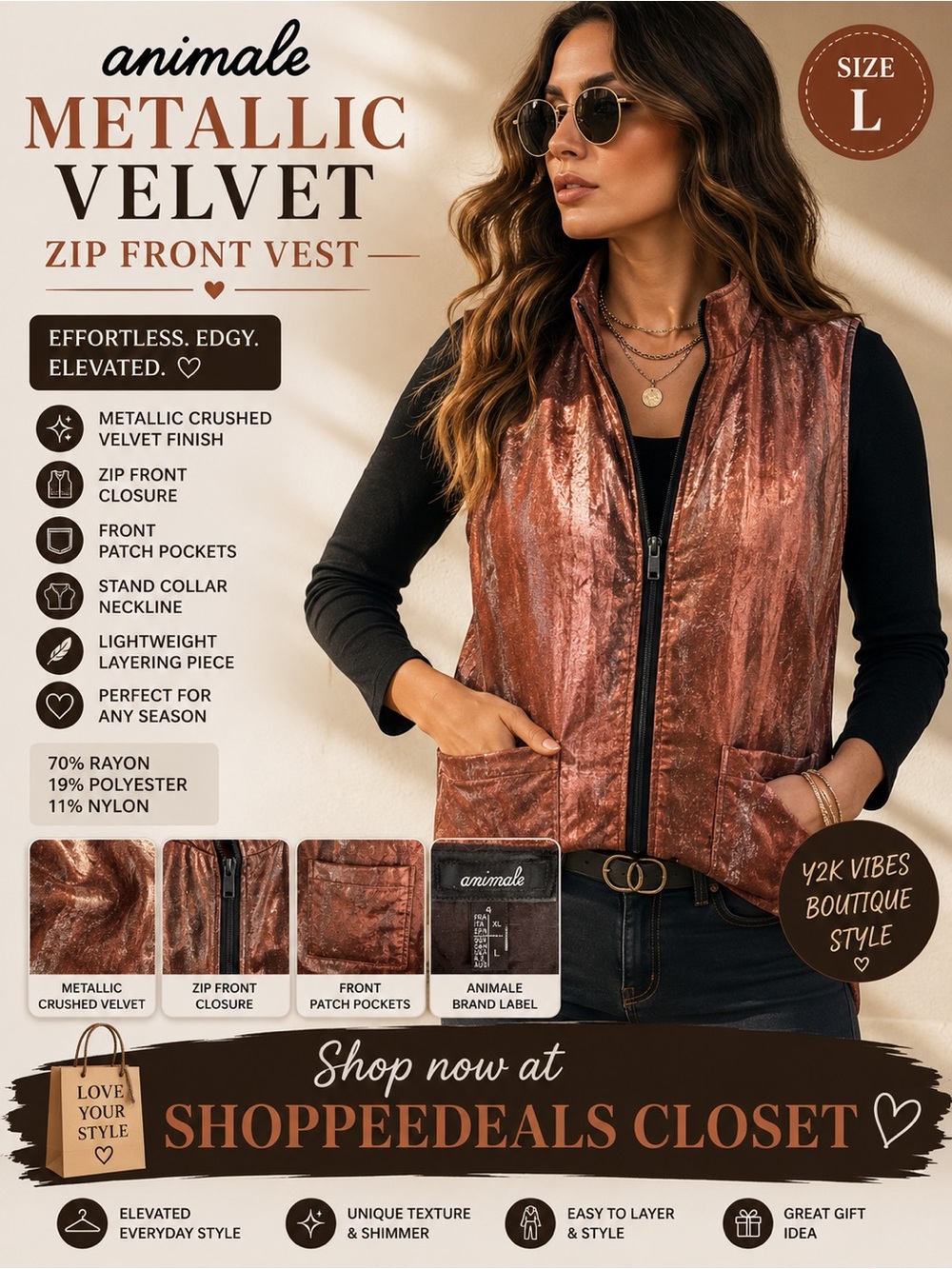 Animale Metallic Velvet Zip Front Vest Size L